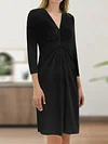 Twist V Neck Plain Color A-line Dress, Elegant 3/4 Sleeve Dress For Spring & Fall, Women's Clothing
