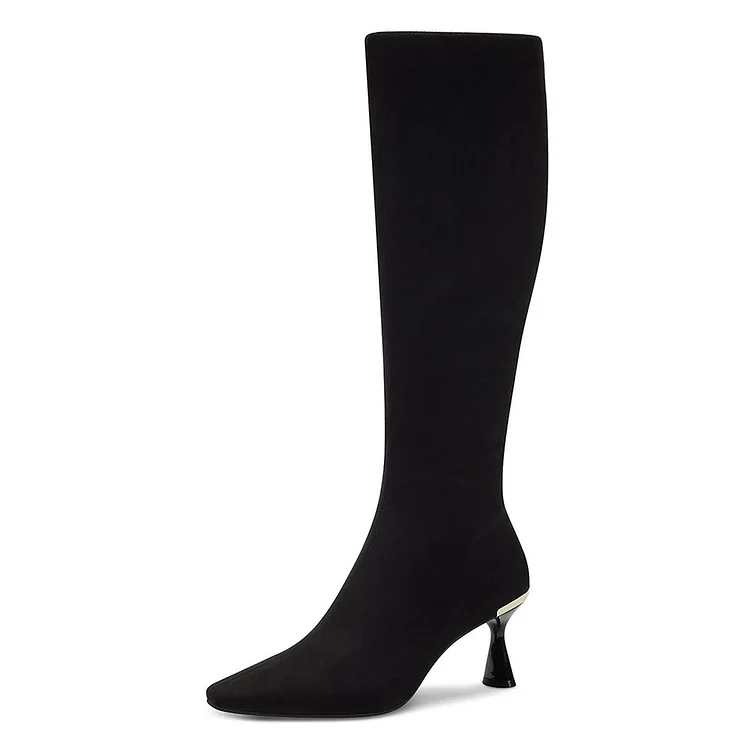 Black Faux Suede Closed Pointed Toe Flared Heel Knee High Boots |FSJ Shoes