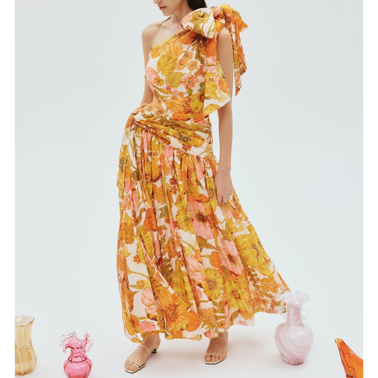 Oblique Shoulder Bowknot Cutout Printed Dress