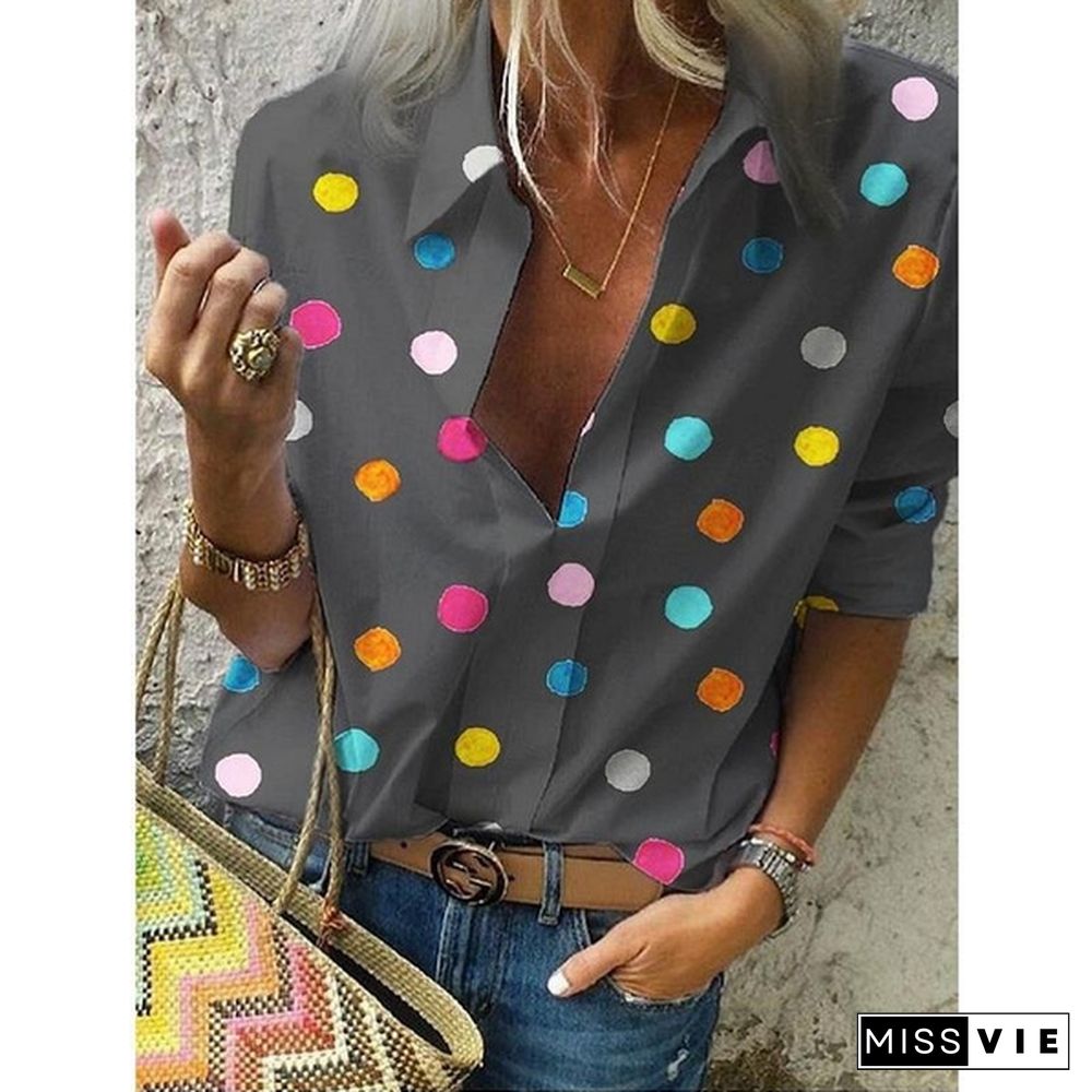 Women Long Sleeve Loose Casual Polka Dot Summer Shirts Blouse