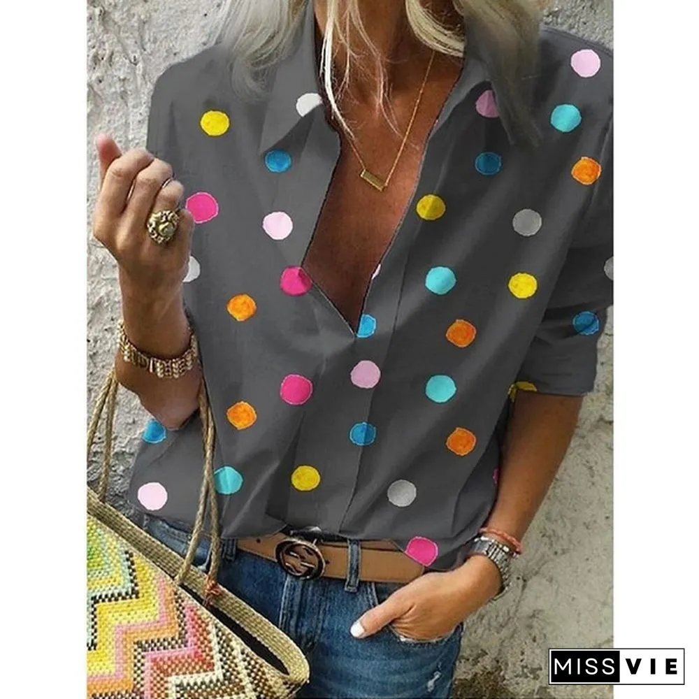Women Long Sleeve Loose Casual Polka Dot Summer Shirts Blouse
