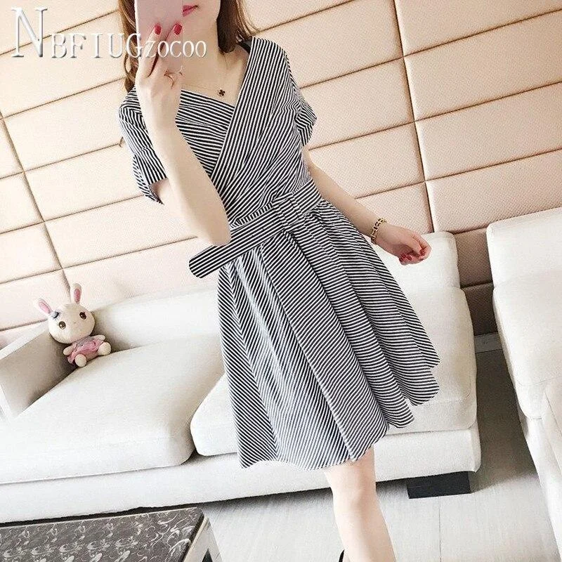2020 Summer Plus Size Stripe Women Dress Waist Belt Female Dresses