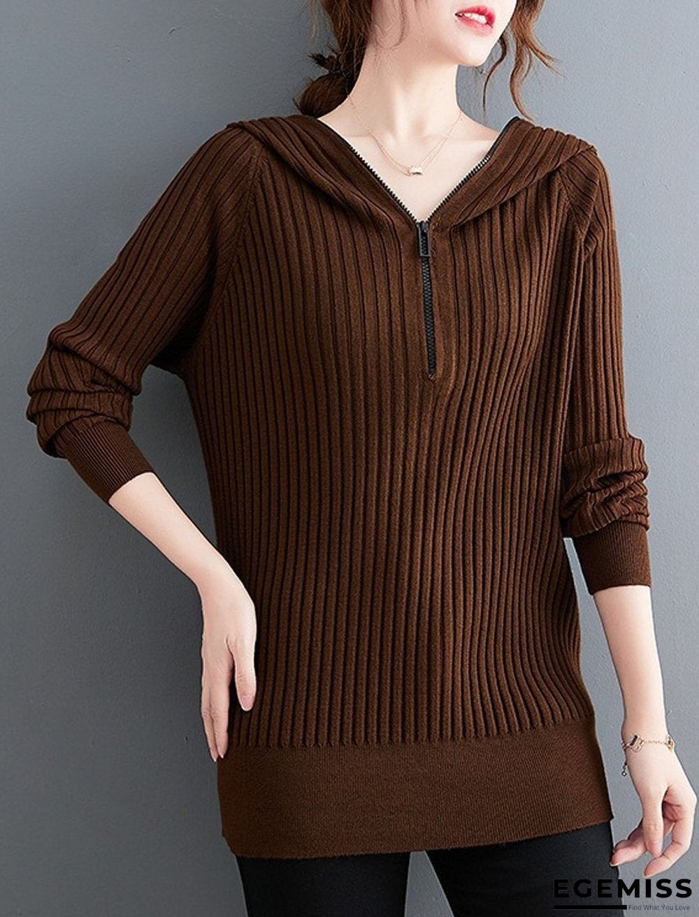 Casual Hooded Solid Color Zipper Knitted Sweater | EGEMISS