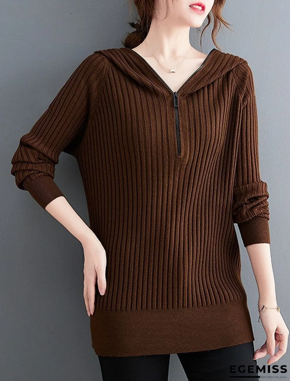 Casual Hooded Solid Color Zipper Knitted Sweater | EGEMISS