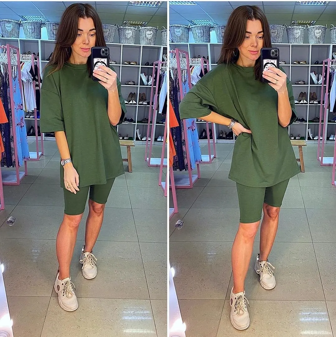 Casual solid new women's two piece suit including belt solid color home loose sports fashion leisure suit summer couples wear