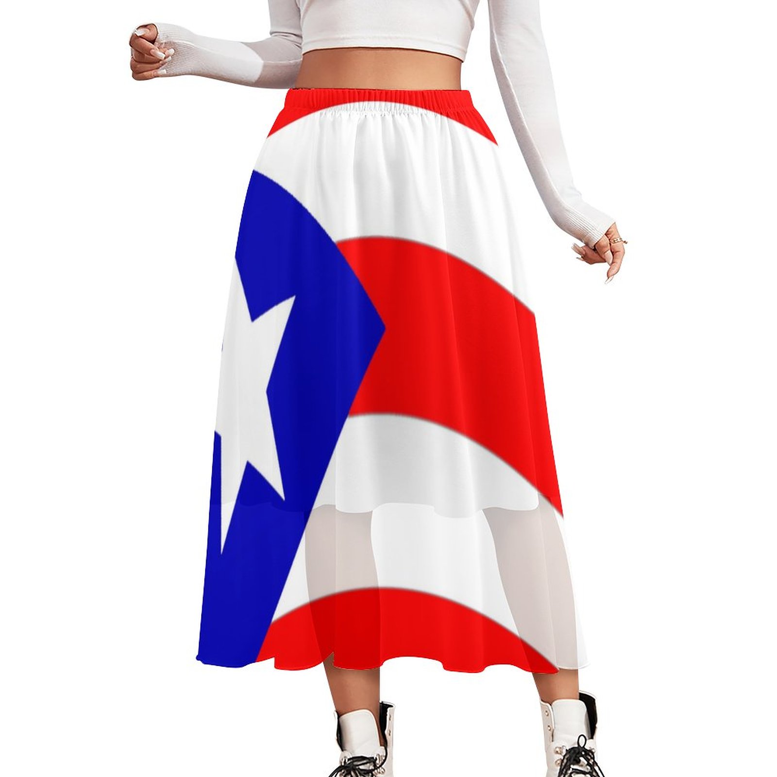 Puerto Rico Flag Double-Layered High Waist Midi Chiffon Skirt