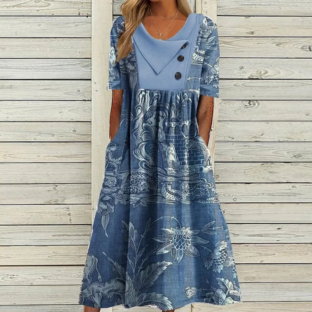 Blue Short Sleeve Side Pocket Midi Dress