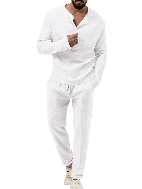 Mature Men Fashion New Solid Color Casual Long-sleeved Shirt And Trousers Suit