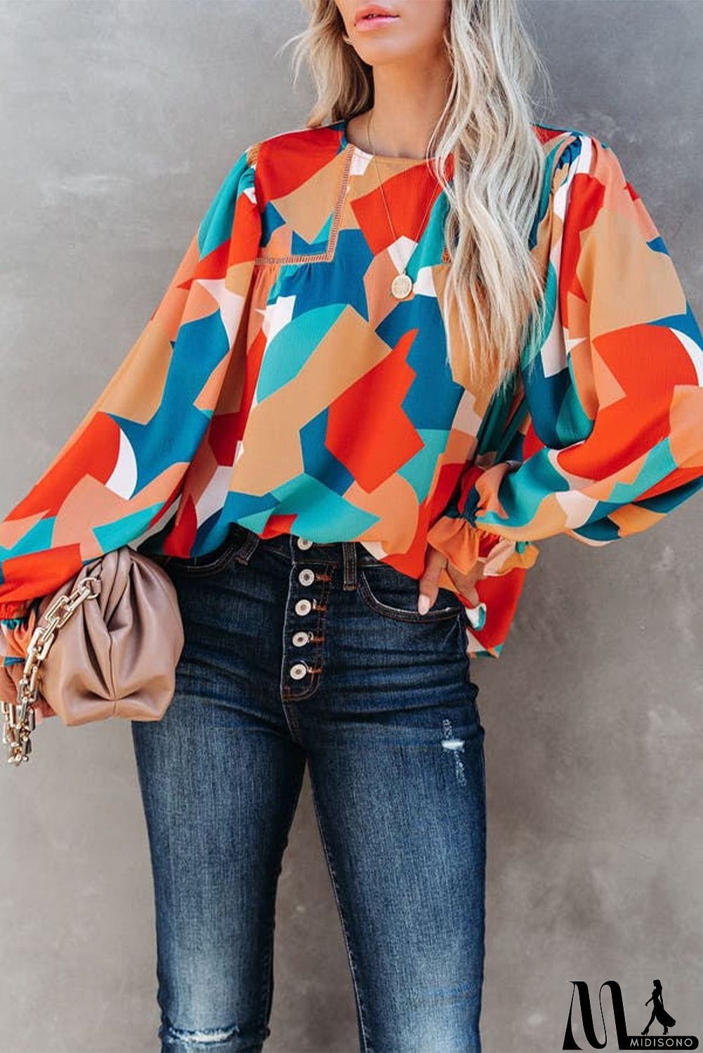 MidiSono - Abstract Pattern Crewneck Ruffled Puff Sleeve Blouse