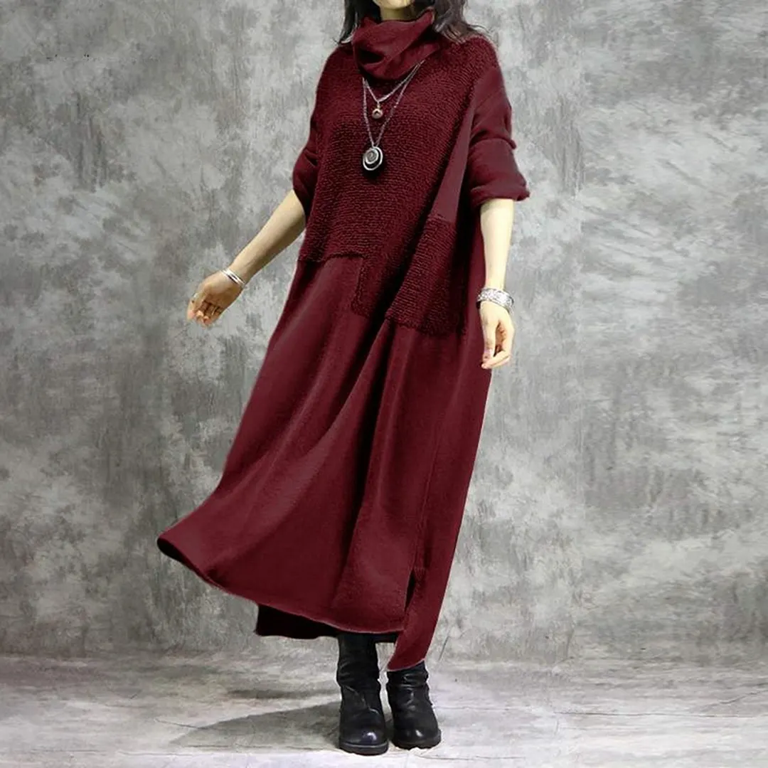 Women Autumn Turtleneck Long Sleeve Patchwork Plush Irregular Hem Maxi Dress Robe Female Plus Size Women Clothing Warm Clothes