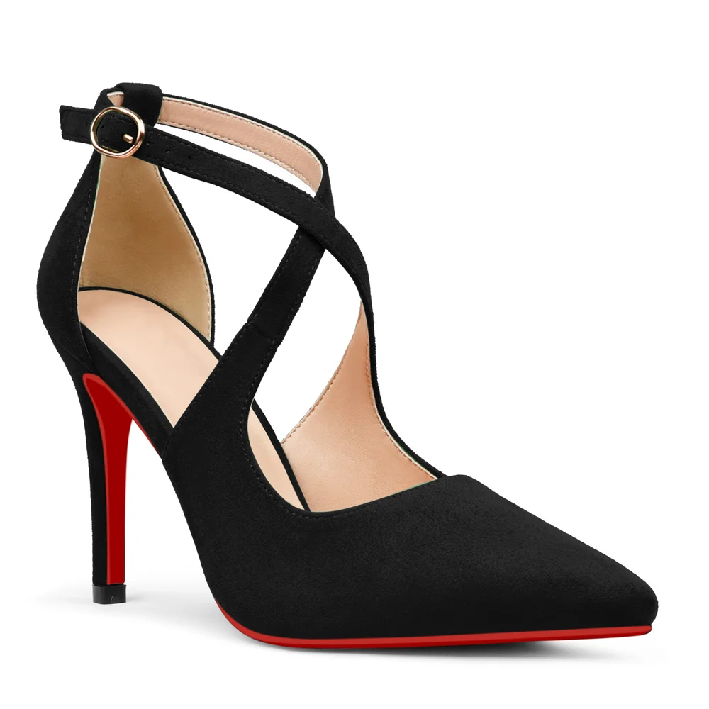 95mm Women's Pointed Toe Cross Strap Heels Ankle Strap Sandals Red Bottoms Pumps Shoes Suede-MERUMOTE
