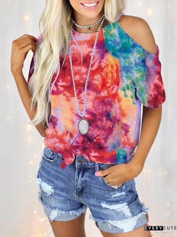 Casual Tie-dye Strapless Short-sleeved T-shirt for Women
