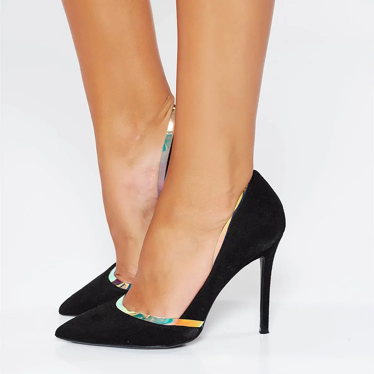 Black Stiletto Heels Pointy Toe Pumps PVC Fashion Office Shoes |FSJ Shoes