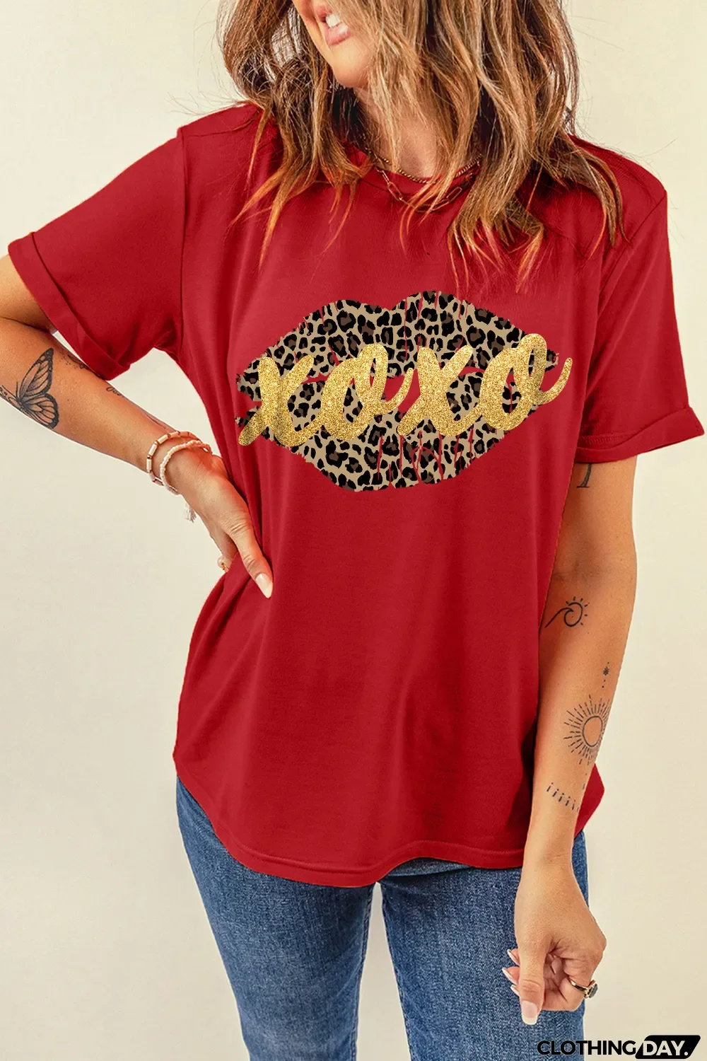 Red XOXO Leopard Lips Glitter Graphic Tee