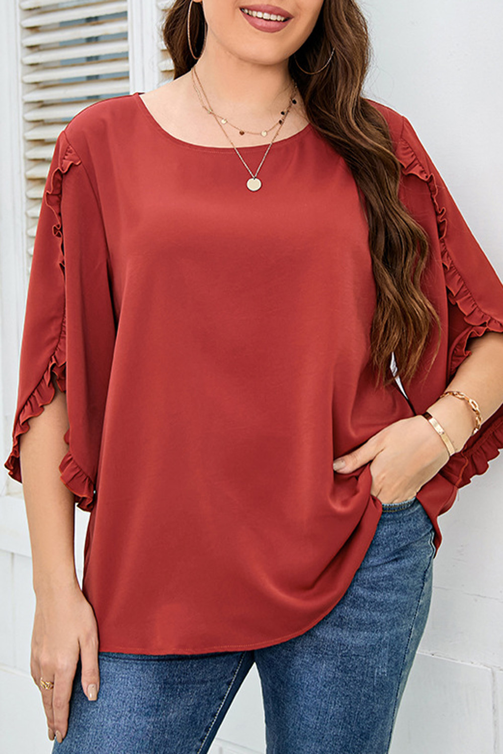 Plus Size Everyday Brick Red Ruffle Petal Sleeve Blouse