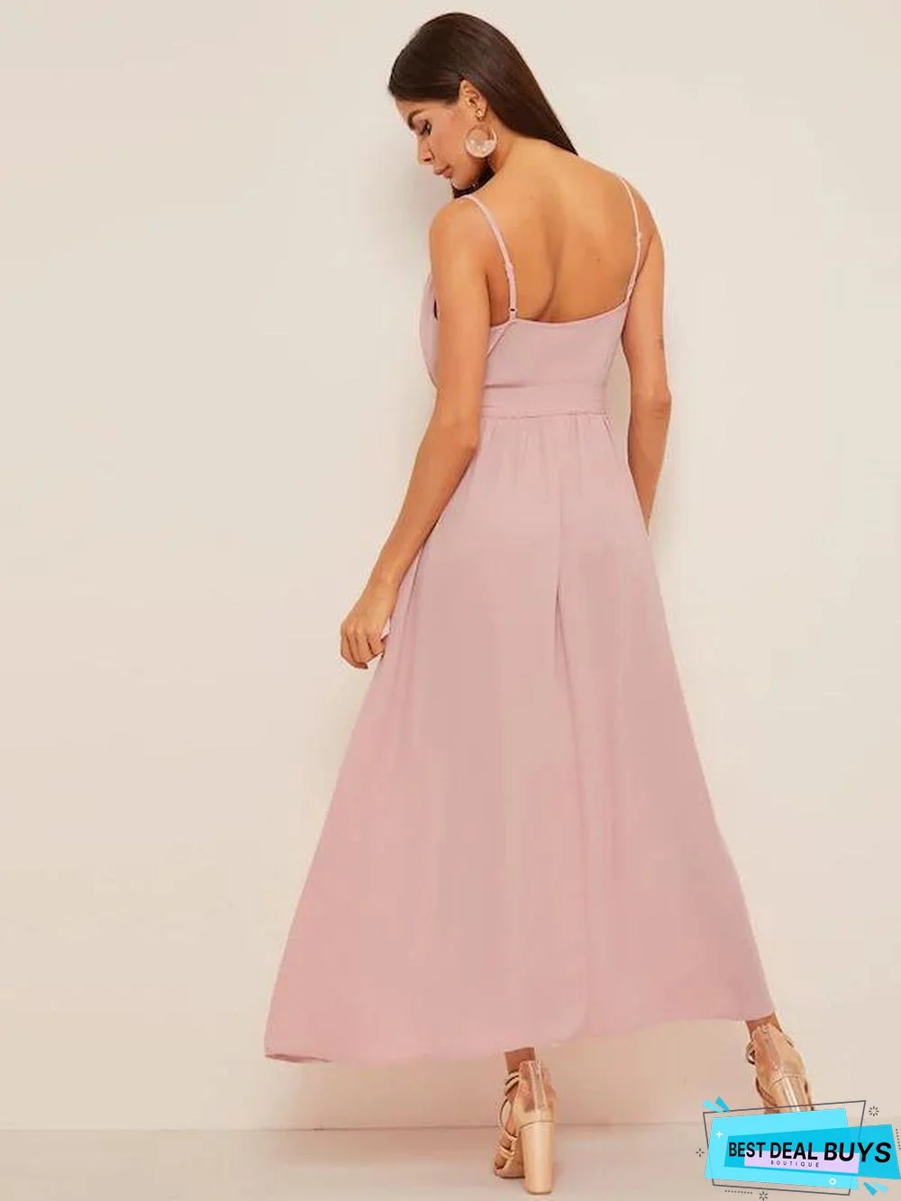 Plunging Neck Eyelash Lace Trim Belted Cami Dress