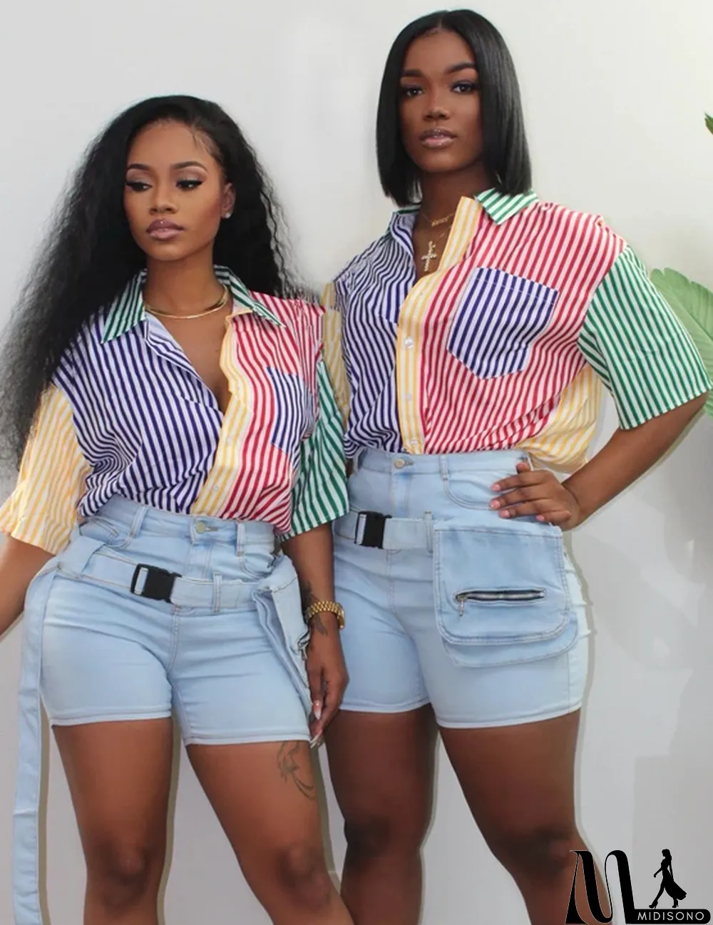 MidiSono - Summer Casual Stripes Colorful Blouse