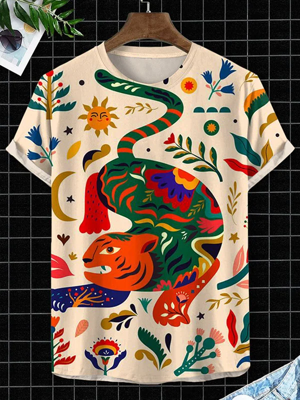 Men's Boho Tiger Vacation Floral Art Print T-Shirt