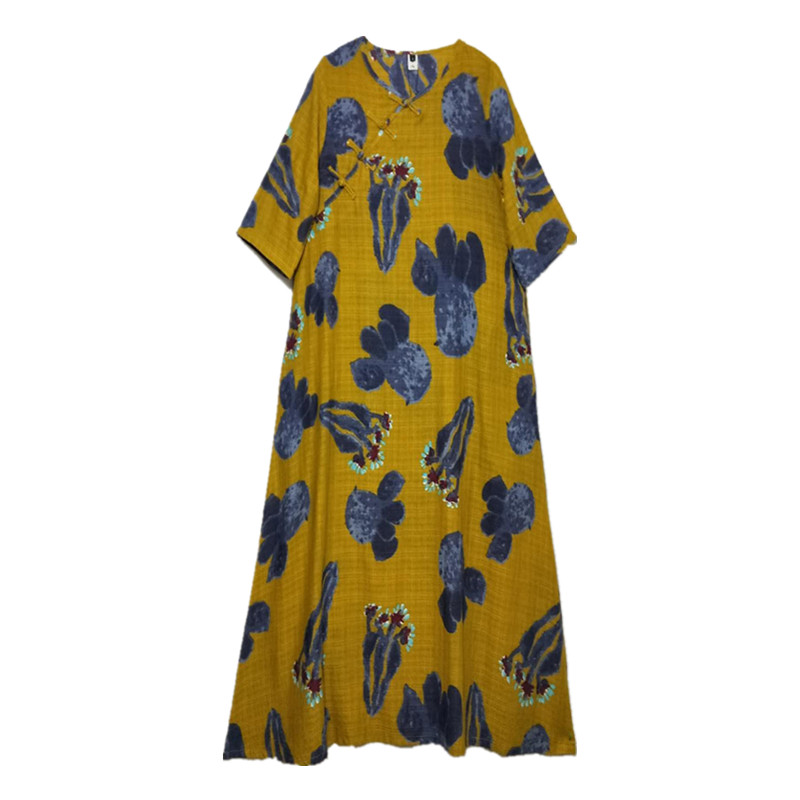 Chrysanthemum Feather Ethnic Sle Long Sleeve Loose Printed Dress Vintage Button up Skirt for Spring Summer Autumn Women's C...