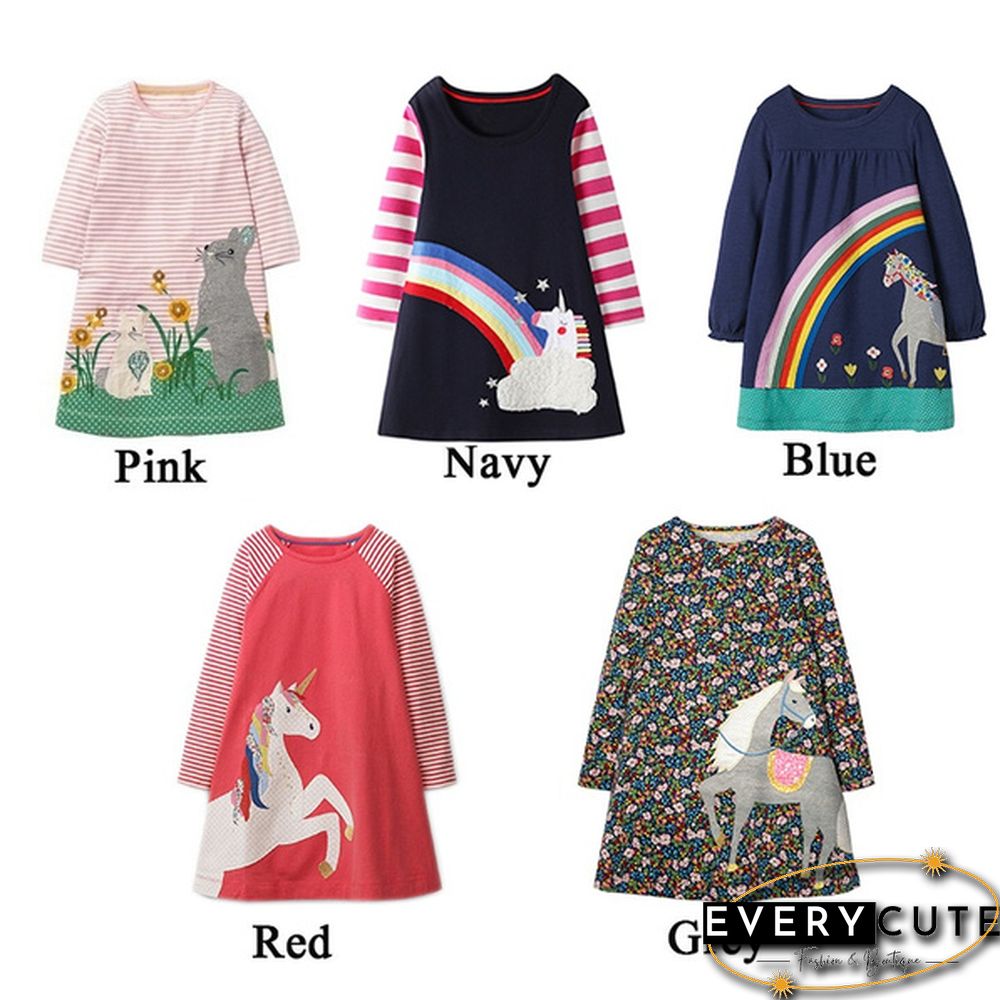 Toddler Baby Girls Kids Autumn Clothes Cute Cartoon Applique Long Sleeve T-Shirt Dress