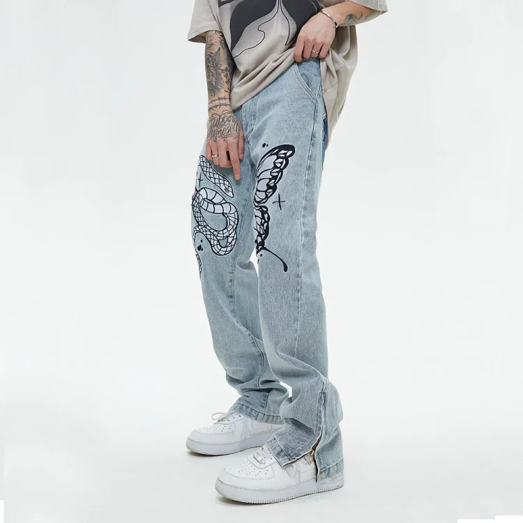 Retro Hip Hop Butterfly&Snake Embroidery Straight Men's Jeans Pants at Hiphopee