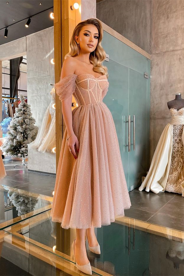 Gorgeous Off-the-Shoulder Tulle Prom Dress Sequins Tea-Length - lulusllly