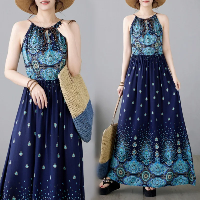 Uveng Uveng New Literary And Art-Print National Style Dress Sleeveless Sleeves Holiday Style Swinging Long Dress Hanging Neck Skirt