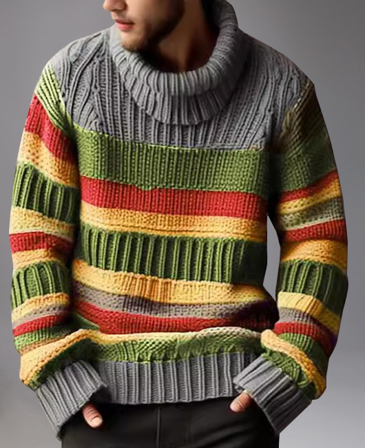 Casual Knitted Striped High Neck Long Sleeve Sweater