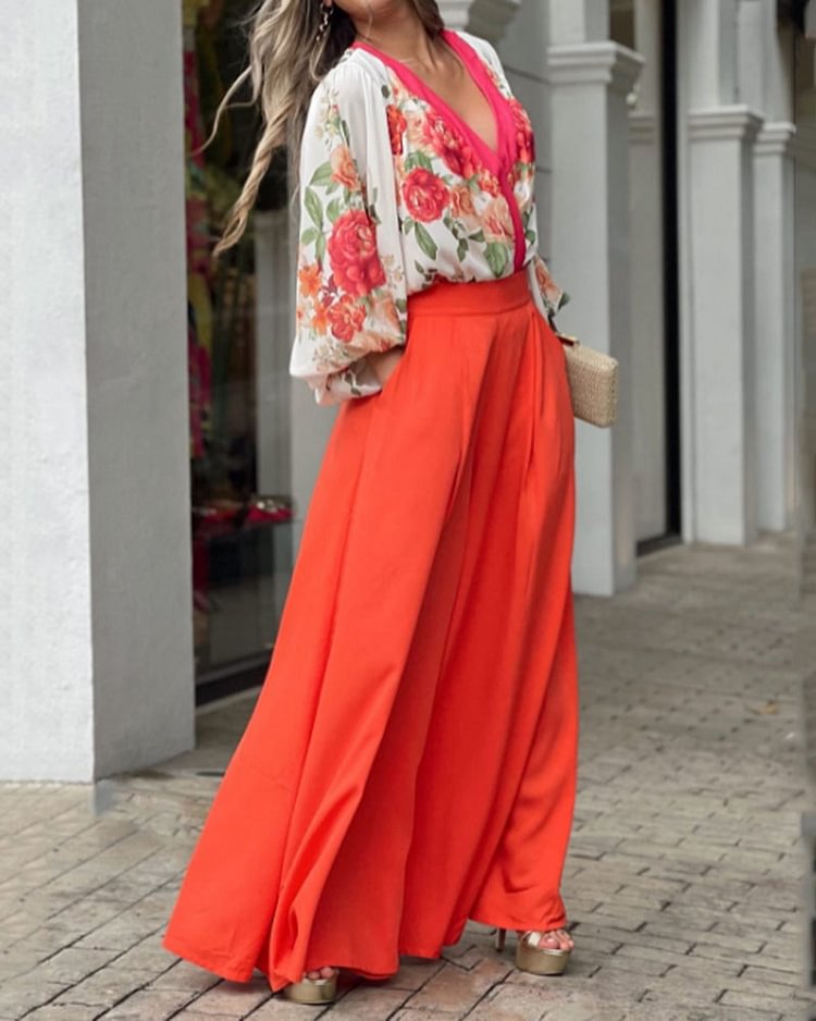 Casual V-neck Floral Print Top & Wide Leg Pants Two-piece Set