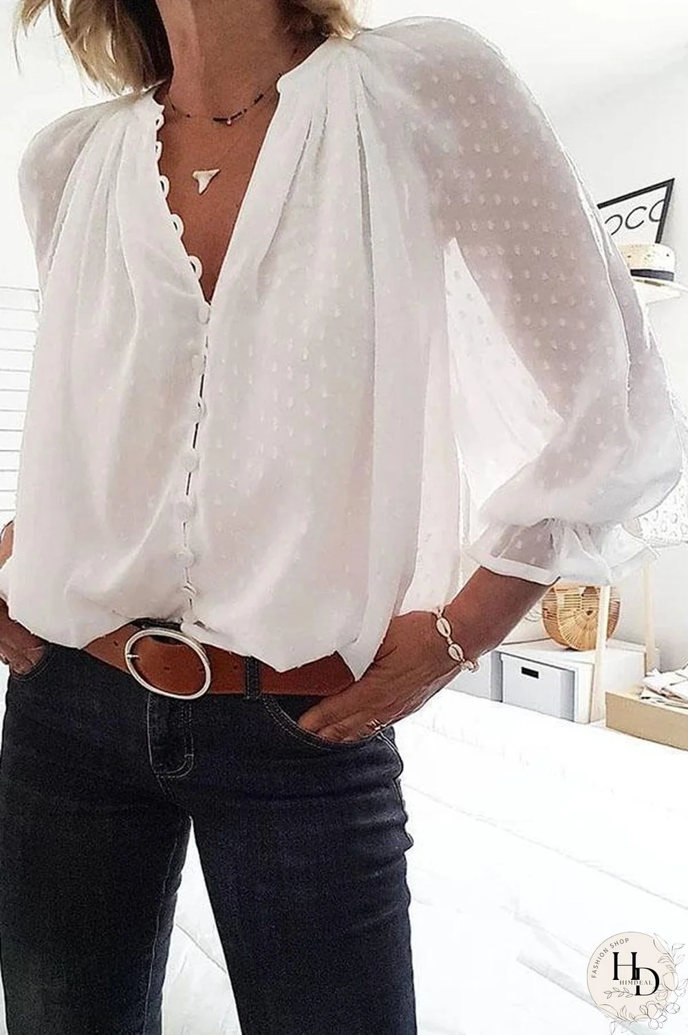 V-Neck Polka Dot Chiffon Blouse P16276