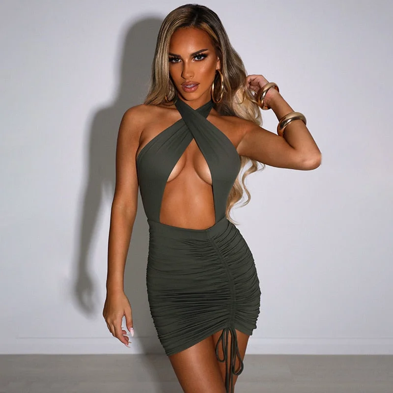 Cryptographic Drawstring RuchedSexy Cut-Out Women's Mini Dresses Party Club Fashion Backless Tie Dress Bodycon Solid Clothes