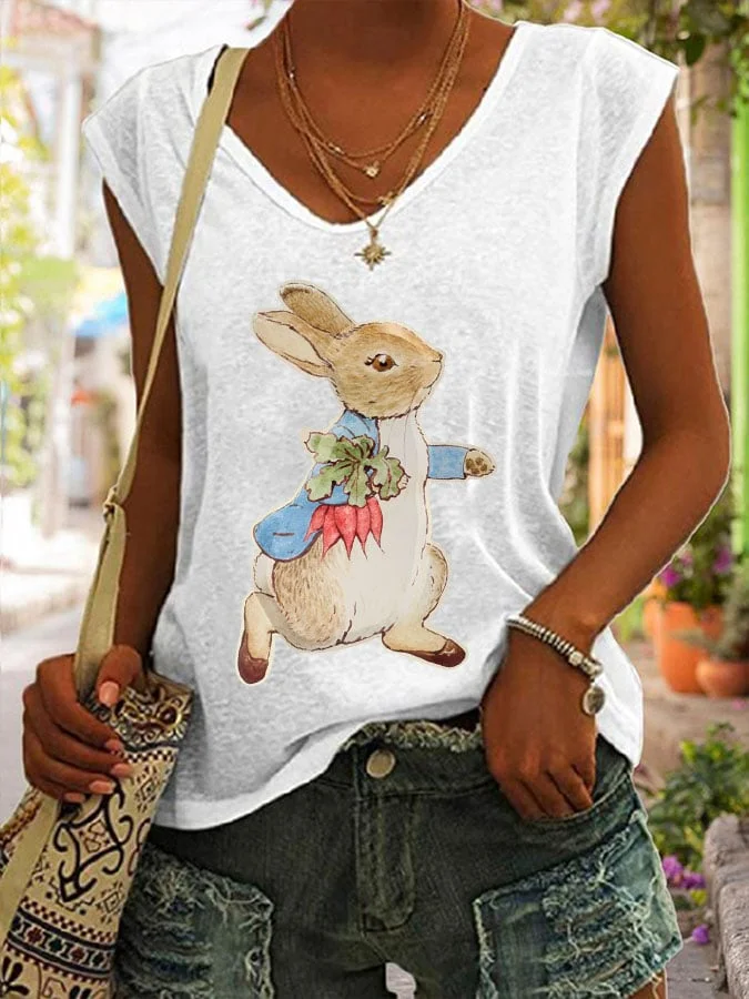 Women's Easter Bunny Print Sleeveless T-Shirt socialshop
