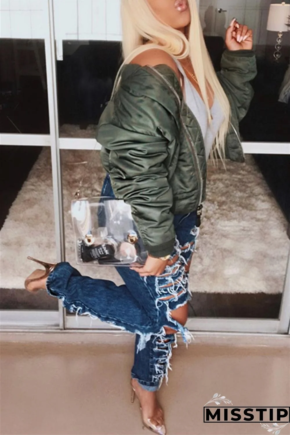 Dark Blue Denim Zipper Fly Button Fly High washing Hole Zippered Pocket Straight Pants Pants