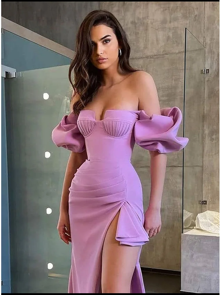 Off Shoulder Puff Sleeve Ruched Bandage Midi Dress Summer Elegant Violet Draped Side Slit Tight Dress Celebrity Club Party