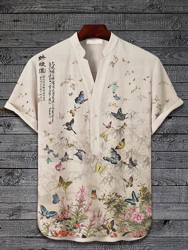 Men's Butterfly Bamboo Flower Calligraphy Art Print Half Button Short Sleeve Shirt