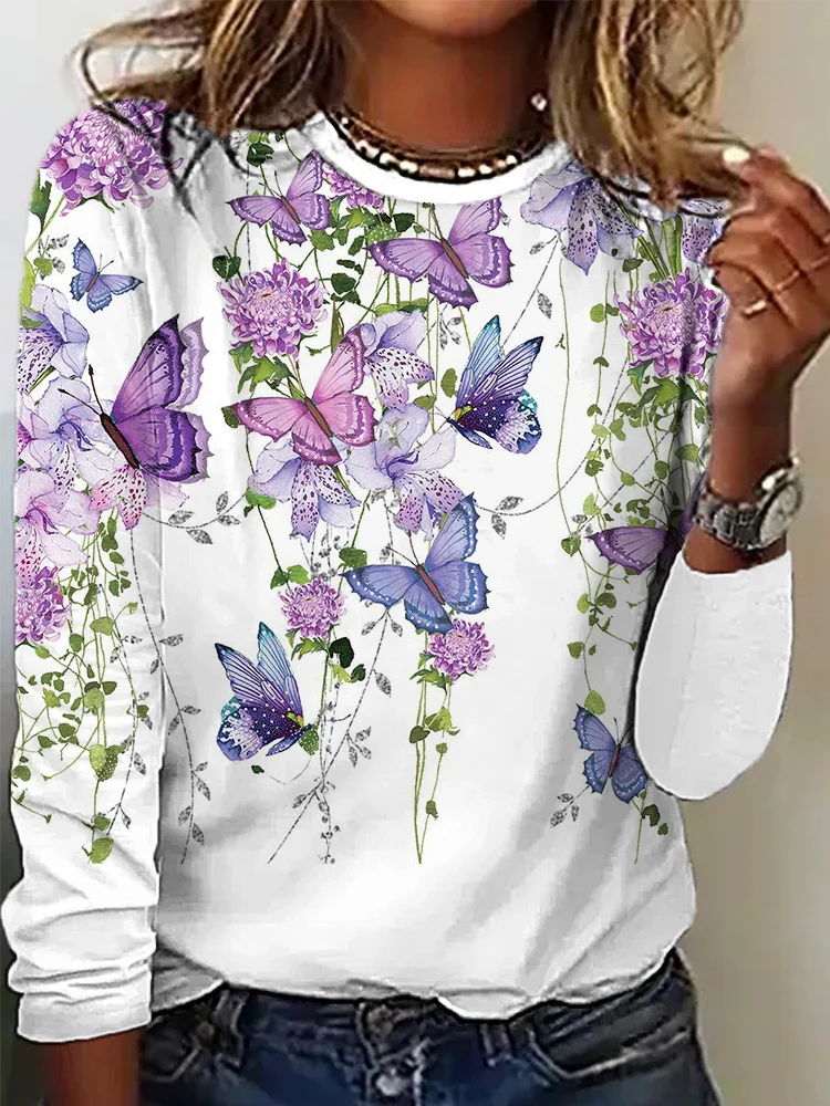 VChics Purple Floral Butterfly Print Cozy Long Sleeve T-Shirt