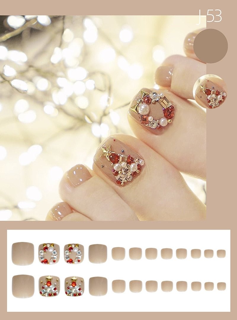 Nail Art Artificial Diamond Fake Toenails Red Acrylic Press On Nail Tips Christmas Tools For Manicure Decoration Accessories