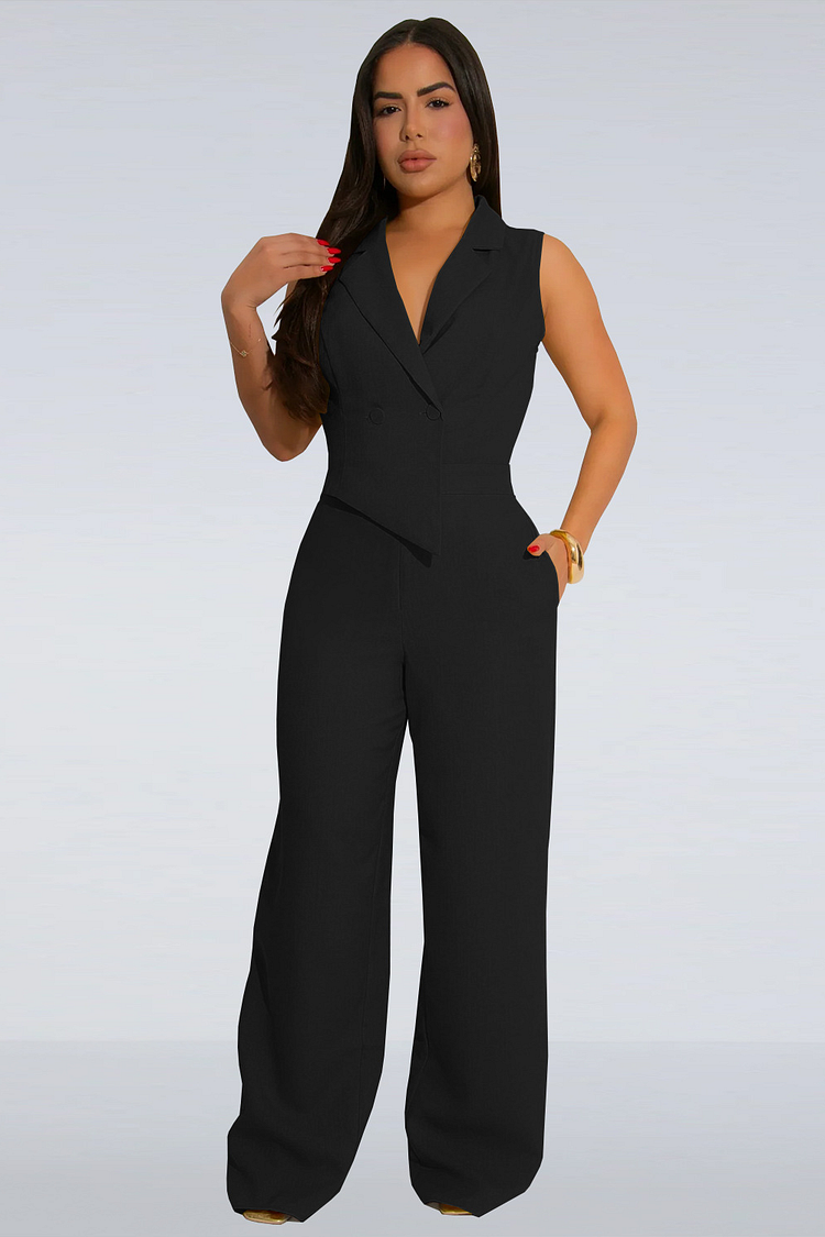 Notch Collar Sleeveless Wide Leg Solid Color Jumpsuit-Green