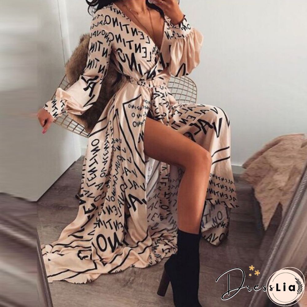 Letter Print Waist Slit Sexy Big Swing Dress