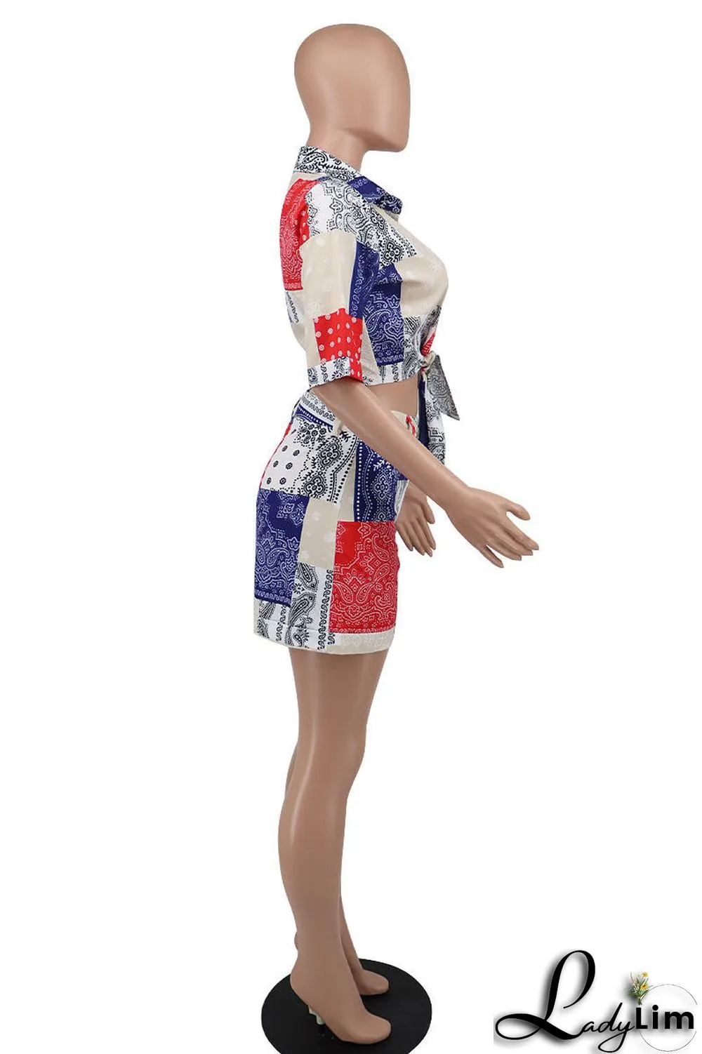 Blue Fashion Casual Print Bandage Turndown Collar Short Sleeve Two Pieces