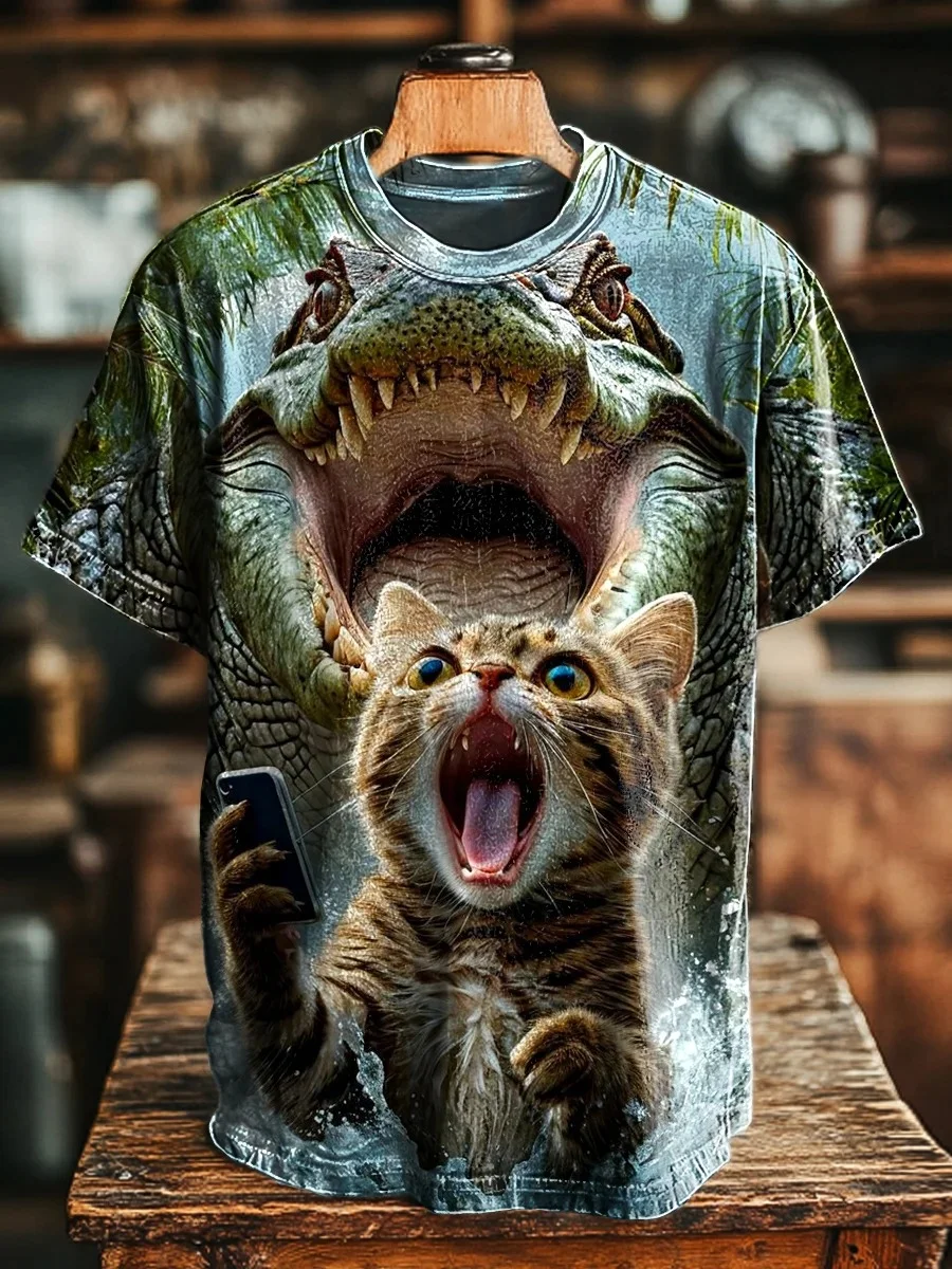 Eagerlys Unisex Fun Screaming Cat Crocodile Art Print T-shirt Eagerlys