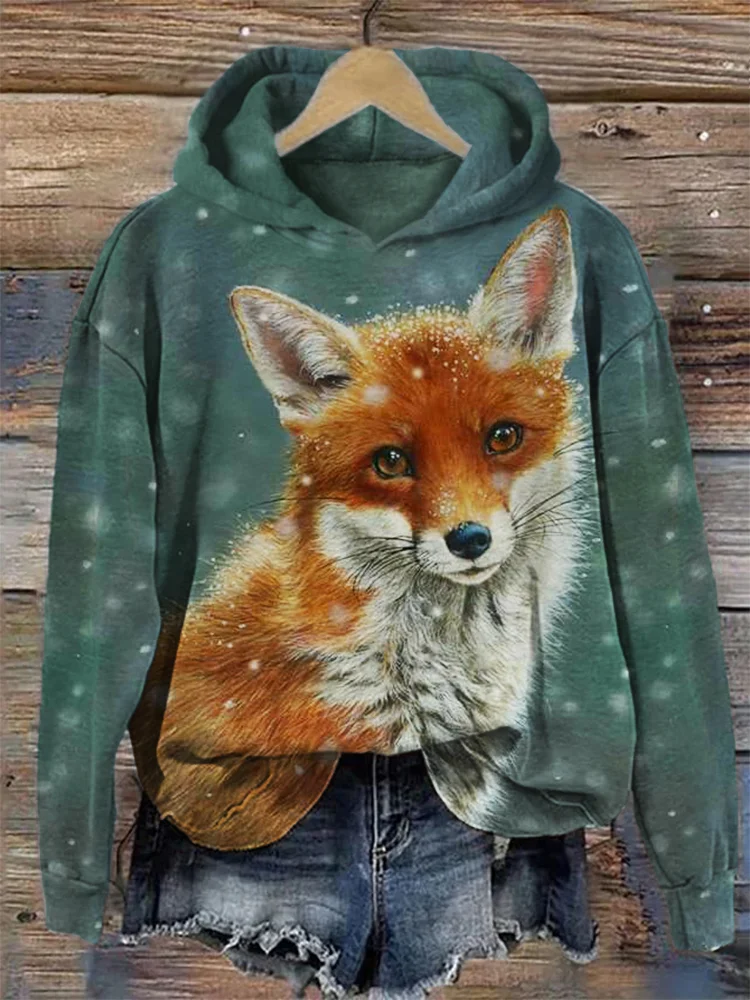 Fuzzy Fox in the Snow Art Cozy Hoodie