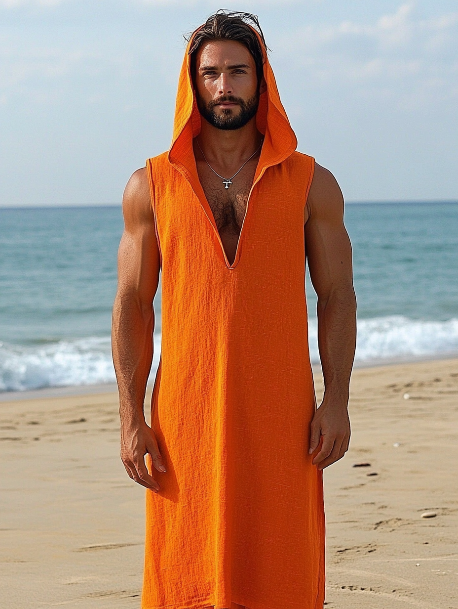 Men's Hooded Sleeveless Linen Kaftan