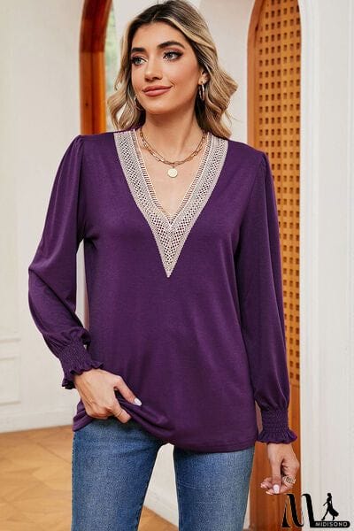 MidiSono - Lace Detail V-Neck Lantern Sleeve T-Shirt
