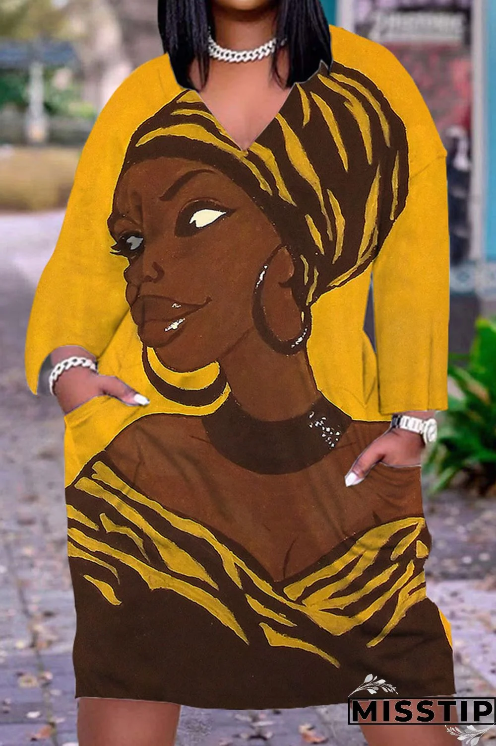 Gray Cyan Casual Print Patchwork V Neck Straight Dresses