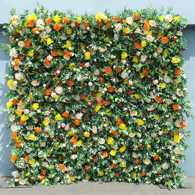 A7609 Yellow Orange Cloth Roll Up Flower Wall AWedding Backdrop Decor