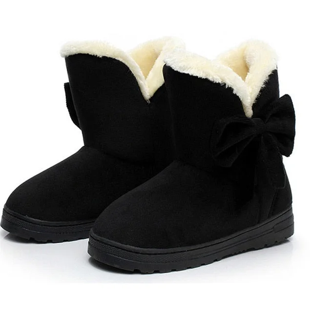 Women Snow Boots Winter Shoes Warm Casual Fur Ankle Female Bowtie Non Slip Plush Suede Flats Slip On Fashion Ladies Footwear New