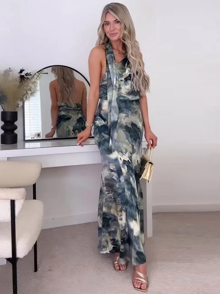 Huibahe Elegant Printed Waist Up Maxi Dress For Women Sexy Hanging Neck Sleeveless Vestidos 2023 Summer Female Elegant Streetwear