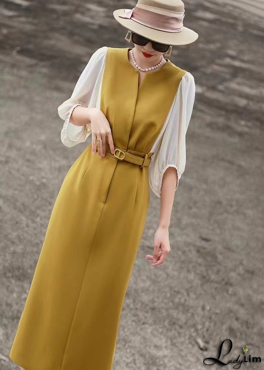 Classy Yellow O Neck Tie Waist Cotton Dress Bracelet Sleeve
