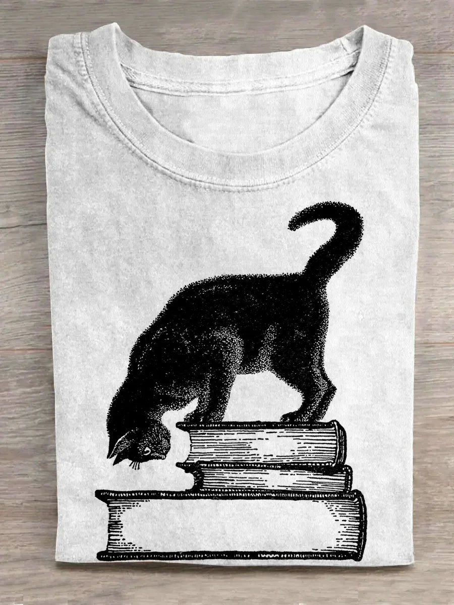 Eagerlys Black Cat Standing on Book T-shirt Eagerlys